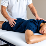 A professional female sports massage therapist, fully clothed in a modest, clean, professional uniform consisting of a polo shirt and athletic trousers. She is gently applying massage techniques to an athlete's upper back and shoulder, which is fully covered by appropriate athletic wear. The athlete is lying face down on a modern, clean massage table. The setting is a well-lit sports therapy clinic with neutral-colored walls and subtle therapy equipment in the background. The atmosphere is focused and professional. This image showcases a professional, safe for work, appropriate content, perfect anatomy, correct proportions, natural pose, well-formed hands, proper finger count, natural body proportions, high-resolution, professional studio photography, sharp focus.