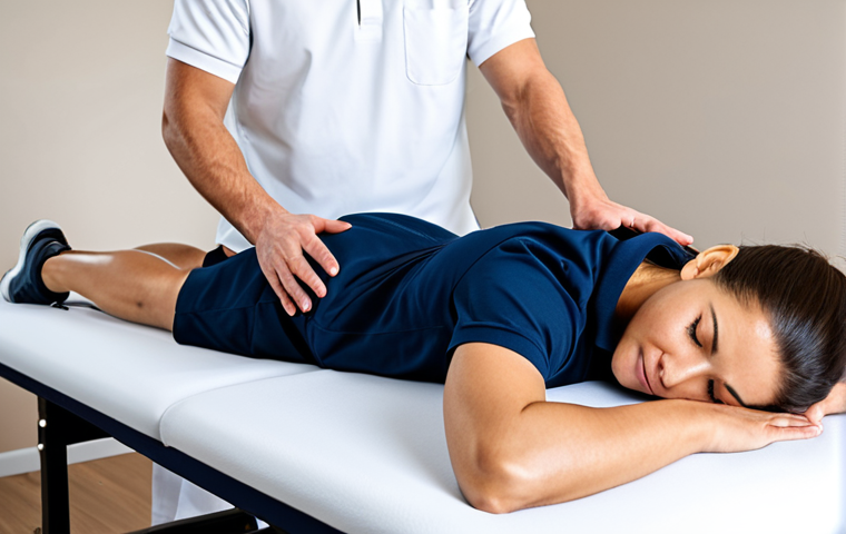 A professional female sports massage therapist, fully clothed in a modest, clean, professional uniform consisting of a polo shirt and athletic trousers. She is gently applying massage techniques to an athlete's upper back and shoulder, which is fully covered by appropriate athletic wear. The athlete is lying face down on a modern, clean massage table. The setting is a well-lit sports therapy clinic with neutral-colored walls and subtle therapy equipment in the background. The atmosphere is focused and professional. This image showcases a professional, safe for work, appropriate content, perfect anatomy, correct proportions, natural pose, well-formed hands, proper finger count, natural body proportions, high-resolution, professional studio photography, sharp focus.