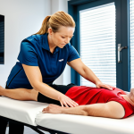 **

A professional female sports massage therapist, fully clothed in appropriate athletic wear, demonstrating a shoulder massage technique on a male client (also fully clothed) in a well-lit, modern clinic setting. Focus on proper form and technique. Safe for work, appropriate content, professional, family-friendly, perfect anatomy, natural pose, well-formed hands, proper finger count, natural body proportions.

**
