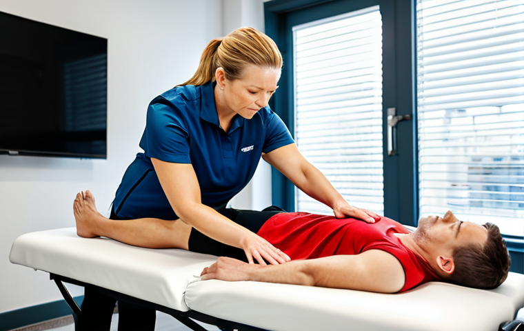 **

A professional female sports massage therapist, fully clothed in appropriate athletic wear, demonstrating a shoulder massage technique on a male client (also fully clothed) in a well-lit, modern clinic setting. Focus on proper form and technique. Safe for work, appropriate content, professional, family-friendly, perfect anatomy, natural pose, well-formed hands, proper finger count, natural body proportions.

**