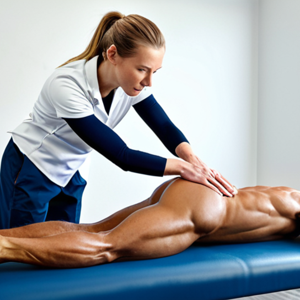 **

"A professional, fully clothed, sports massage therapist demonstrating a technique on a male athlete, focusing on the leg muscles. The athlete is also fully clothed. The setting is a clean, well-lit physical therapy clinic. Safe for work. Appropriate content. Perfect anatomy, correct proportions, natural pose, well-formed hands, proper finger count. Professional, family-friendly."

**