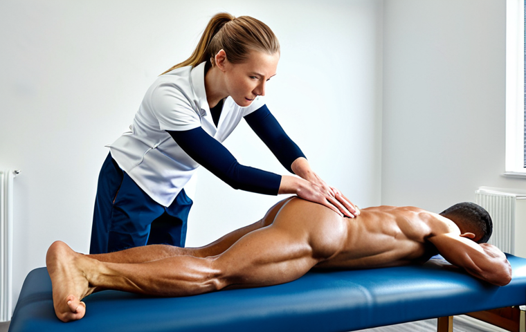 **

"A professional, fully clothed, sports massage therapist demonstrating a technique on a male athlete, focusing on the leg muscles. The athlete is also fully clothed. The setting is a clean, well-lit physical therapy clinic. Safe for work. Appropriate content. Perfect anatomy, correct proportions, natural pose, well-formed hands, proper finger count. Professional, family-friendly."

**