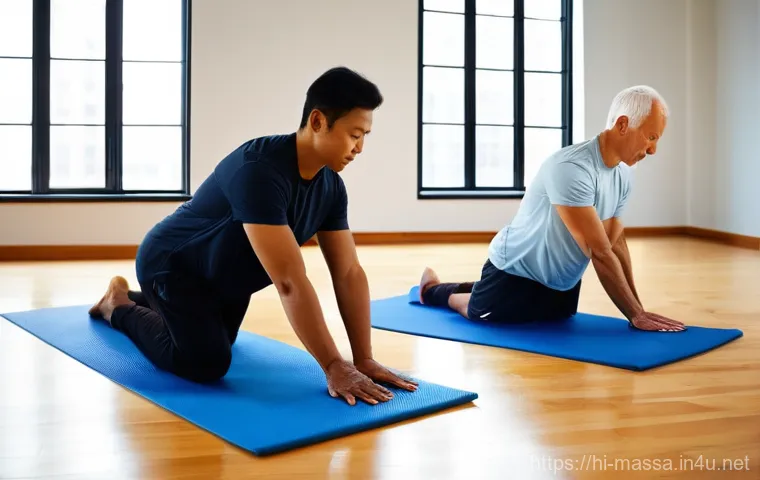 스포츠마사지사의 스트레칭 지도법 - **Prompt 1: The Essence of Mindful Stretching and Guidance**
"A diverse group of adults, includi...