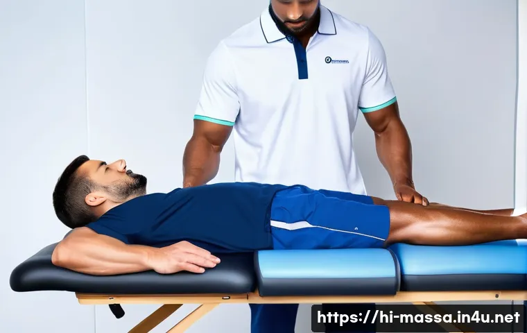 스포츠마사지사 실기 시험 준비법 - A professional sports massage therapist demonstrating deep tissue massage technique on a male athlet...