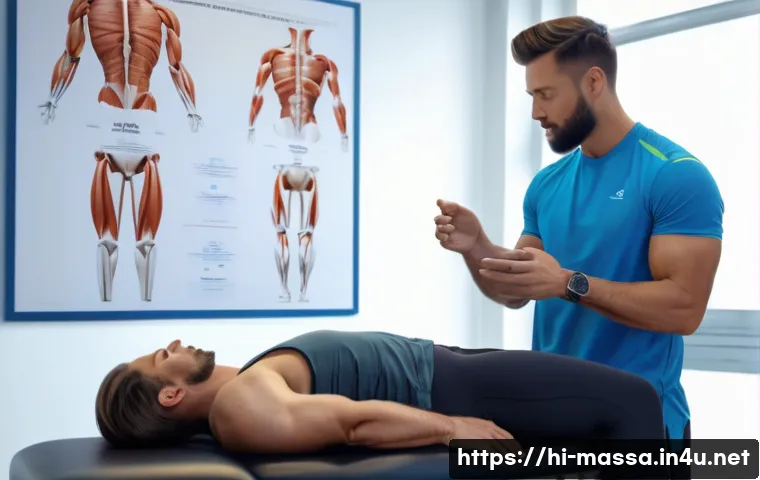 스포츠마사지사 실무 기술 습득법 - A professional sports massage therapist demonstrating basic massage techniques on an athlete wearing...