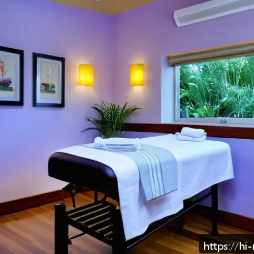 스포츠마사지사 고객과의 신뢰 구축 - A serene massage therapy room designed for a Hindi-speaking client, featuring soft warm lighting and...