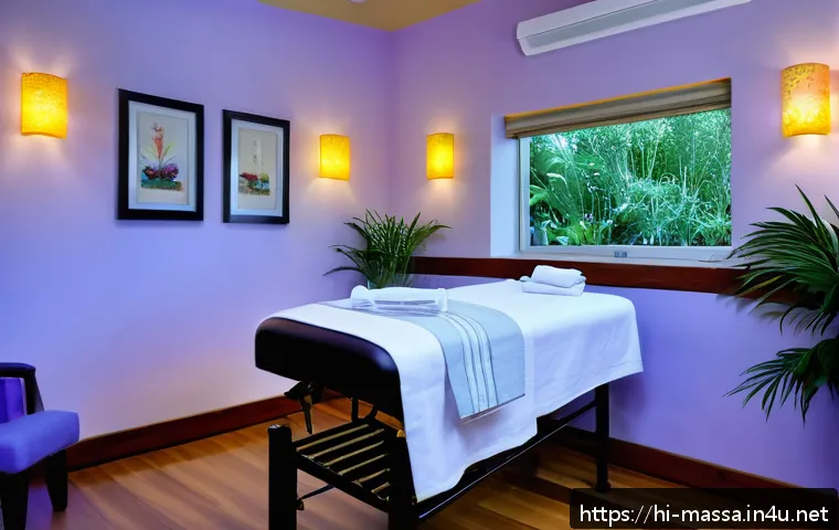 스포츠마사지사 고객과의 신뢰 구축 - A serene massage therapy room designed for a Hindi-speaking client, featuring soft warm lighting and...