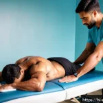 스포츠마사지사 수기 요법의 과학적 접근 - A professional sports massage session focusing on deep tissue massage techniques, showing a trained ...