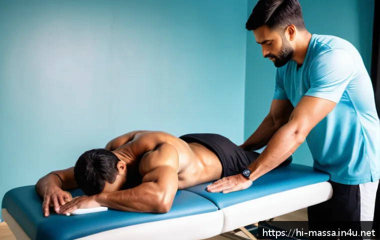 스포츠마사지사 수기 요법의 과학적 접근 - A professional sports massage session focusing on deep tissue massage techniques, showing a trained ...