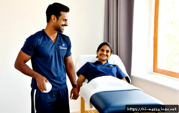 스포츠마사지사 성공 사례 공유 - Photorealistic success story scene in a modern Indian sports recovery clinic, confident Indian femal...