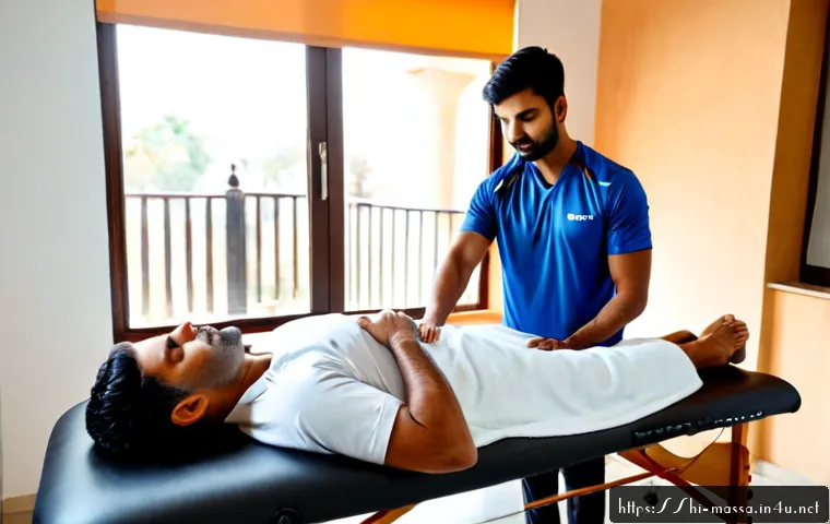 Home 17 스포츠마사지사와 피로 회복 - Photorealistic sports recovery session in a clean modern wellness clinic in India, a fully clothed a...